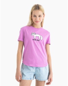 Фиолетовая футболка с котиком для девочки Gloria jeans