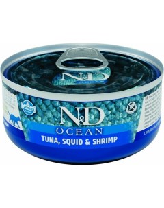 N D Cat Ocean влажный корм для кошек с океаническим тунецом кальмаром и кревиетками в консервах 70 г Farmina
