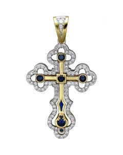 Крестик с бриллиантами сапфирами и эмалью из комбинированного золота 750 пробы Эстет