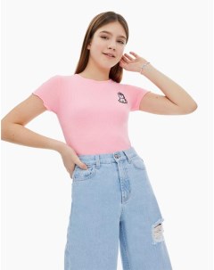 Розовая футболка Fitted в рубчик с единорогом для девочки Gloria jeans