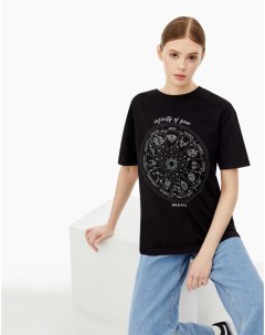 Чёрная футболка oversize с принтом и глиттером Gloria jeans
