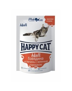 Влажный корм для кошек с говядиной печенью и горохом кусочки в желе в паучах 100 г Happy cat