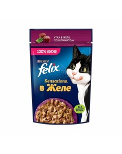 Sensations полнорационный влажный корм для кошек с уткой и шпинатом кусочки в желе в паучах 75 г Felix