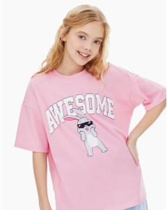 Розовая superoversize футболка Awesome с принтом для девочки Gloria jeans