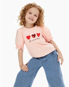 Розовая футболка с сердечками и надписью для девочки Gloria jeans