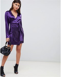 Фиолетовое атласное платье мини с длинными рукавами и запахом Boohoo