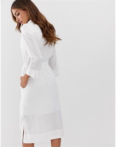 Белое платье рубашка миди с поясом и разрезами по бокам Esprit