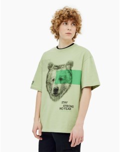 Оливковая футболка oversize с принтом медведя для мальчика Gloria jeans
