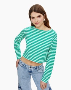 Зелёный укороченный лонгслив oversize в полоску Gloria jeans