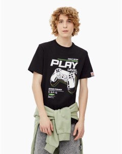 Чёрная свободная футболка с геймерским принтом для мальчика Gloria jeans