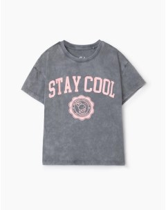 Серая футболка oversize с надписью Stay Cool для девочки Gloria jeans