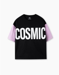 Чёрная футболка oversize с принтом Cosmic для девочки Gloria jeans