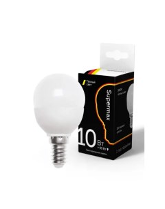 Лампа светодиодная E14 10 Вт 90 Вт шар 3000 К свет теплый белый Supermax