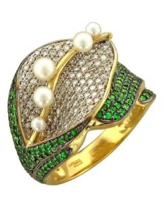 Кольцо с бриллиантами жемчугом и тсаворитами из жёлтого золота 750 пробы Эстет