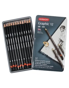 Набор карандашей чернографитных Graphic Medium 12 шт 4H 6B в металл коробке Derwent