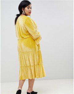 Желтое многоярусное велюровое платье макси Junarose