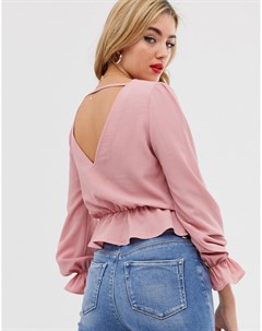 Эксклюзивная розовая блузка с V образным вырезом спереди и сзади и оборками Boohoo