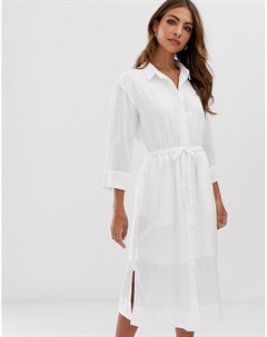 Белое платье рубашка миди с поясом и разрезами по бокам Esprit