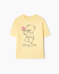 Жёлтая футболка oversize с принтом Honey bear для девочки Gloria jeans