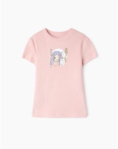 Розовая футболка с аниме принтом в рубчик для девочки Gloria jeans