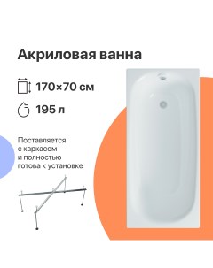 Акриловая ванна Кострома 170x70 прямоугольная белая российская пристенная с каркасом Diwo