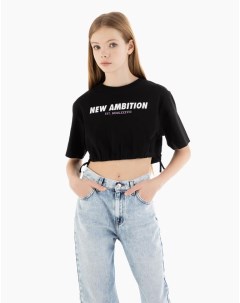 Черная укороченная футболка с кулиской и принтом для девочки Gloria jeans