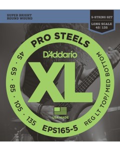 Струны для бас гитар D ADDARIO EPS165 5 ProSteels 5 String Bass Custom Light 45 135 Long Scale D`addario