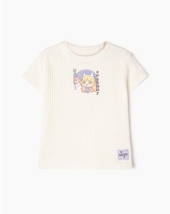 Молочная футболка в рубчик с аниме принтом для девочки Gloria jeans