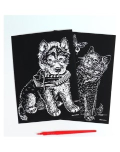 Набор гравюр А5 Котёнок и щенок 2 шт с металлическим эффектом серебро Школа талантов