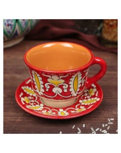 Чайная пара 0 1л Тарелка 10см чашка 7 5см красная Риштанская керамика