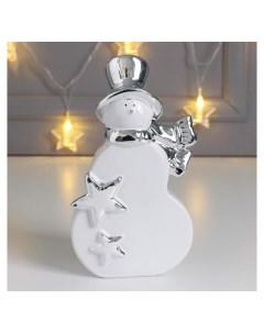 Сувенир керамика Снеговик в цилиндре и шарфе со звёздочками серебро 19 6х6 3х9 5 см Nnb