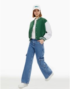 Тёмно зелёная куртка бомбер oversize колор блок для девочки Gloria jeans
