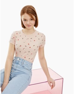 Розовая футболка в рубчик с цветочным принтом для девочки Gloria jeans