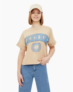 Бежевая футболка oversize с принтом для девочки Gloria jeans