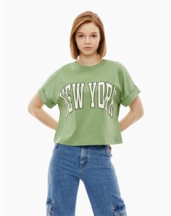 Зелёная футболка oversize с принтом New York для девочки Gloria jeans