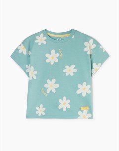 Мятная футболка oversize с цветочным принтом для девочки Gloria jeans