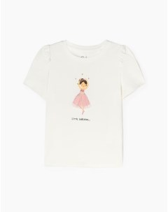 Молочная футболка с принтом и аппликацией для девочки Gloria jeans