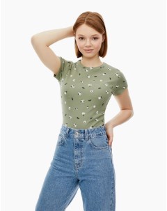 Хаки футболка в рубчик с цветочным принтом для девочки Gloria jeans