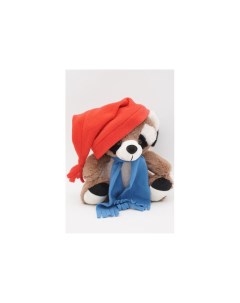 Мягкая игрушка Енот Крош в красном колпаке с кисточкой и голубом шарфе 26 см Unaky soft toy