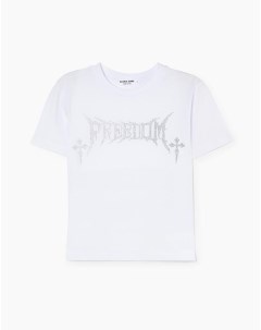 Белая футболка с надписью Freedom из страз Gloria jeans