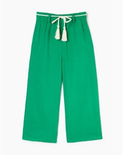 Зелёные льняные брюки Wide leg с поясом для девочки Gloria jeans