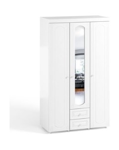 Шкаф трехдверный Афина АФ 57 с зеркальной дверью и ящиками белое дерево Олмеко