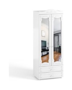 Шкаф для одежды Италия ИТ 50 с зеркальными дверьми и ящиками белое дерево Олмеко