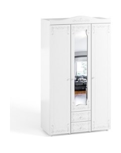 Шкаф трехдверный Италия ИТ 57 с зеркальной дверью и ящиками белое дерево Олмеко