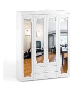 Шкаф четырехдверный Италия ИТ 64 зеркальные двери с ящиками белое дерево Олмеко