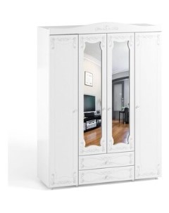 Шкаф четырехдверный Италия ИТ 63 две зеркальные дверцы с ящиками белое дерево Олмеко