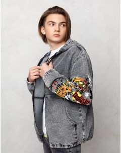 Джинсовый жакет куртка oversize с капюшоном и граффити принтом для мальчика Gloria jeans