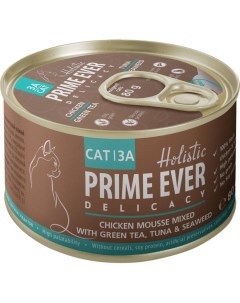 Корм для кошек 3A Delicacy Мусс цыпленок с тунцом зеленым чаем и водорослями конс 80г Prime ever
