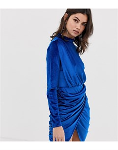 Синее бархатное платье мини со сборками и запахом Boohoo