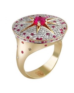 Кольцо с бриллиантами рубином и сапфирами из жёлтого золота Эстет
